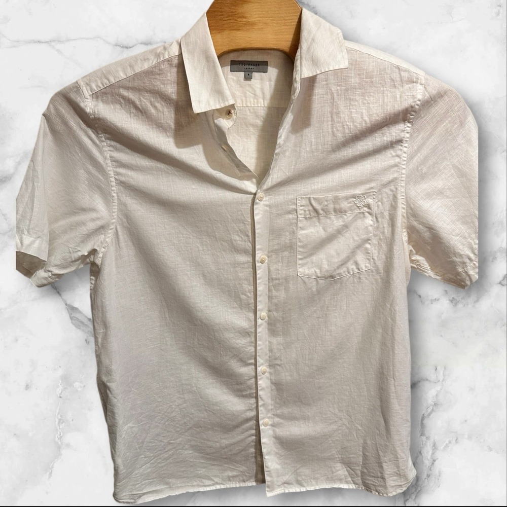 Ted‎ Baker London Shirt Size 6 2XL Linen Blend Short Sleeves Button Up White